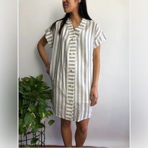 NWT - Striped Grey & White Linen Blend Button-Down Shirt Dress / made in Canada
